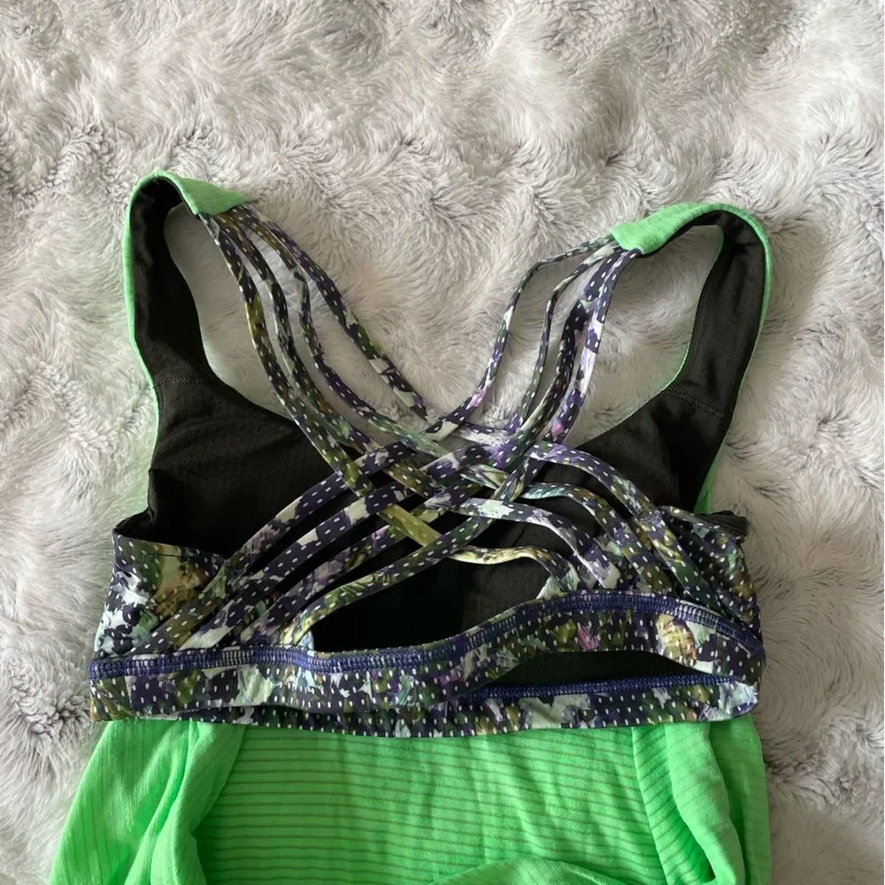 Lululemon built-in bra tank top black green floral size 4 free to be wild small